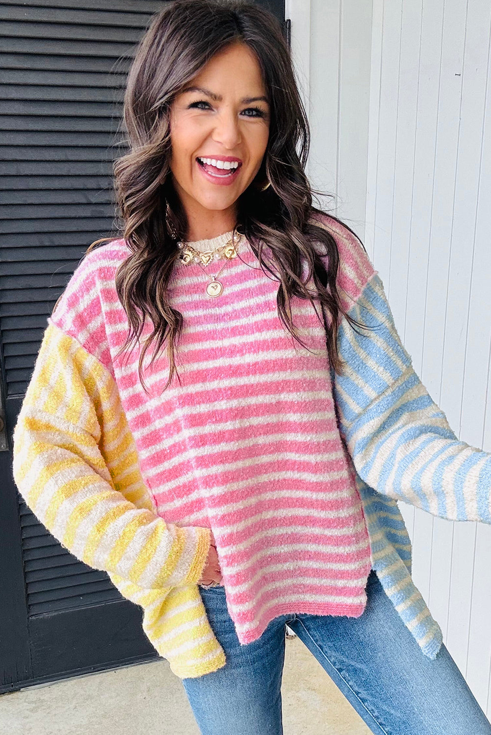 Multicolour Colorblock Striped Patchwork Dolman Sleeve Slit Sweater