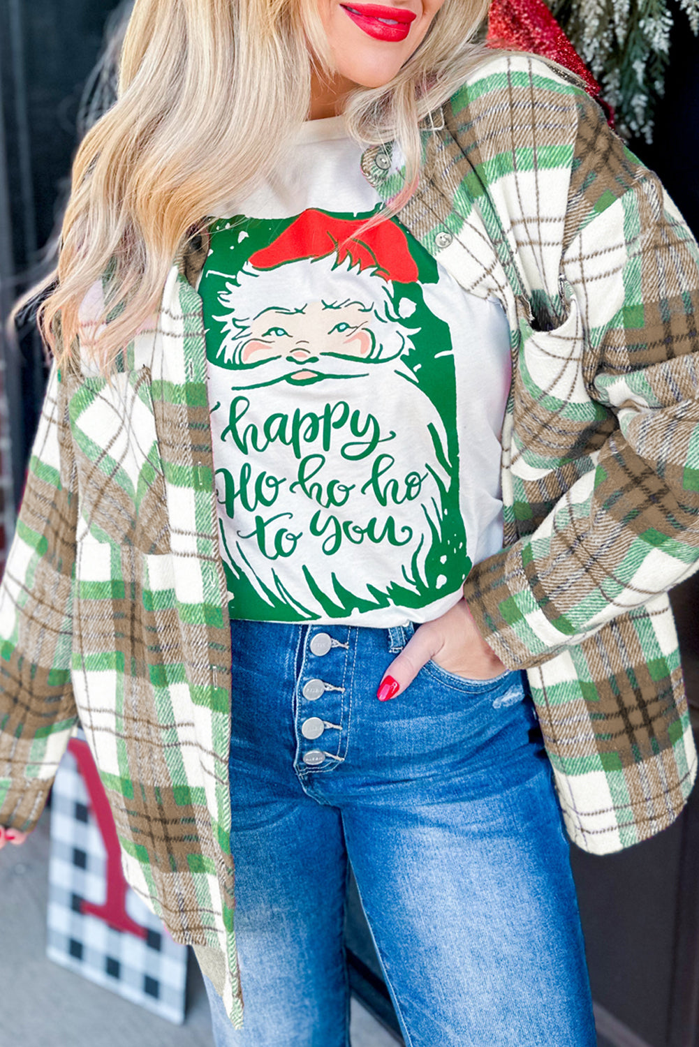Rose Christmas Plaid Casual Flannel Shacket