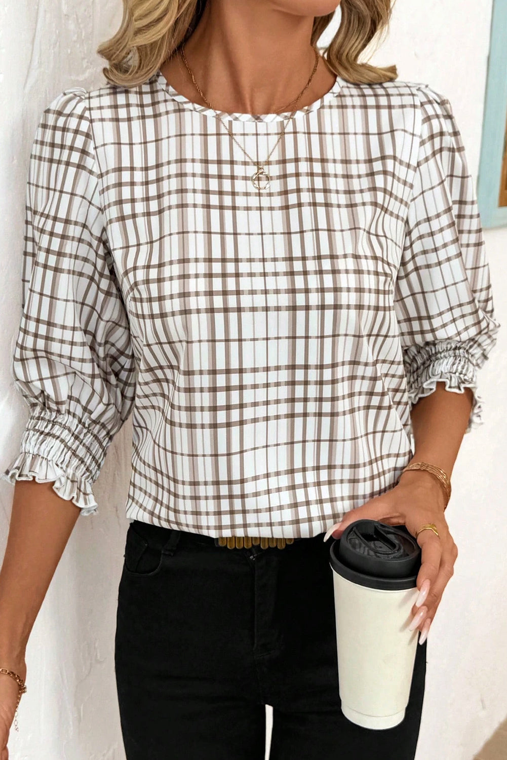 White Plaid Print Frilled Puffy Half Sleeve Blouse