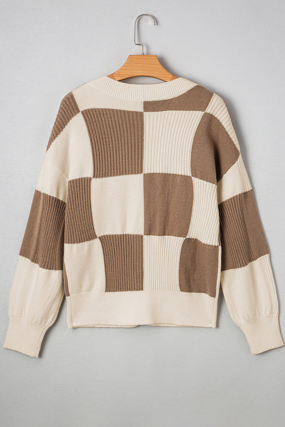 Khaki Checkered Ribbed Button Up Plus Size Cardigan