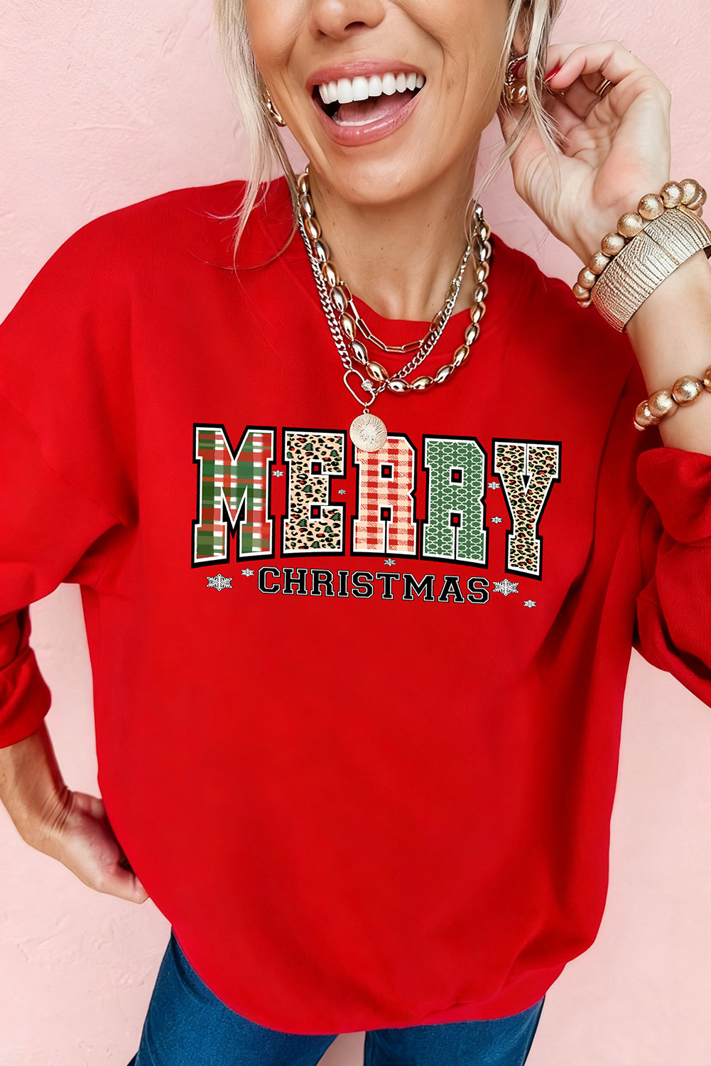 Red MERRY CHRISTMAS Graphic Heat Transfer Printing Holiday Sweatshirt