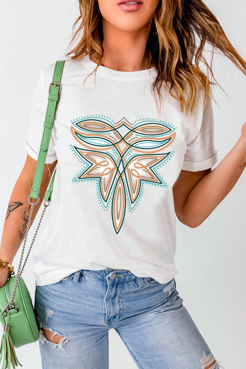 White Boot Stitch Pattern Printed Cotton Blend Tee