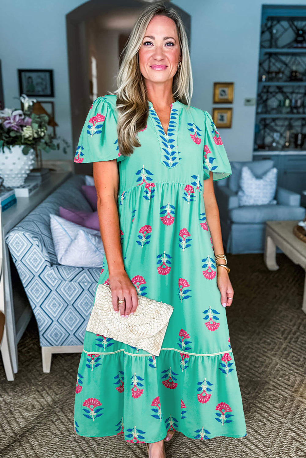 Blue Floral Print Notched Neck Flounce Sleeve Maxi Dress