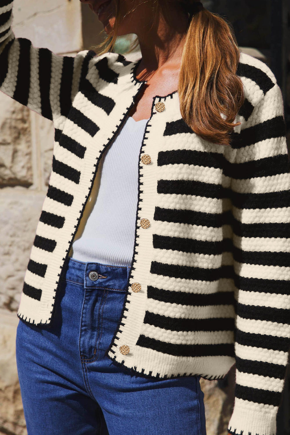Black Striped Chic Button Round Neck Knit Cardigan