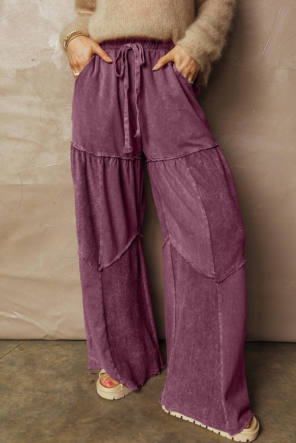 Wild Ginger  Careys Mineral Wash Tiered Wide Leg Patchwork Drawstring Pants