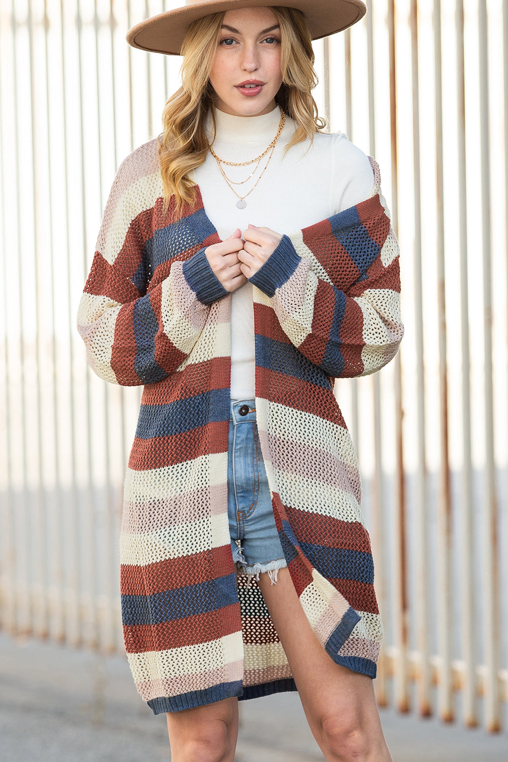 Dark Blue Color Block Striped Cut Out Knit Cardigan
