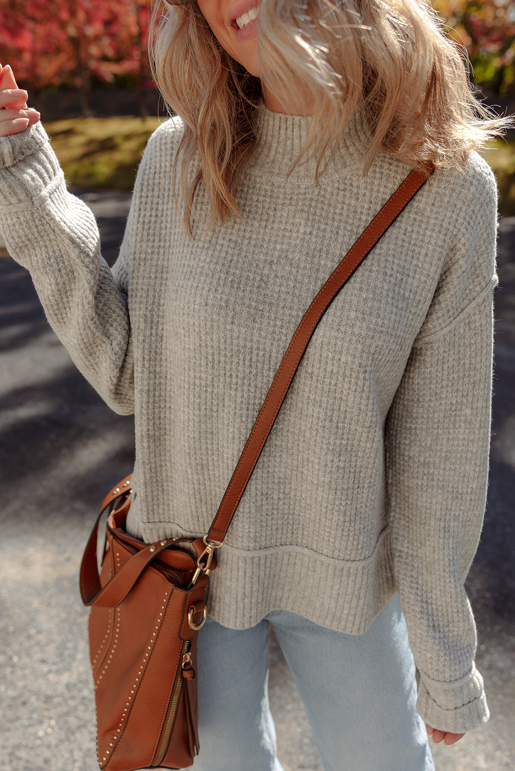 Gray Morn Waffle Knit Ribbed High Neck Drop Shoulder Sweater