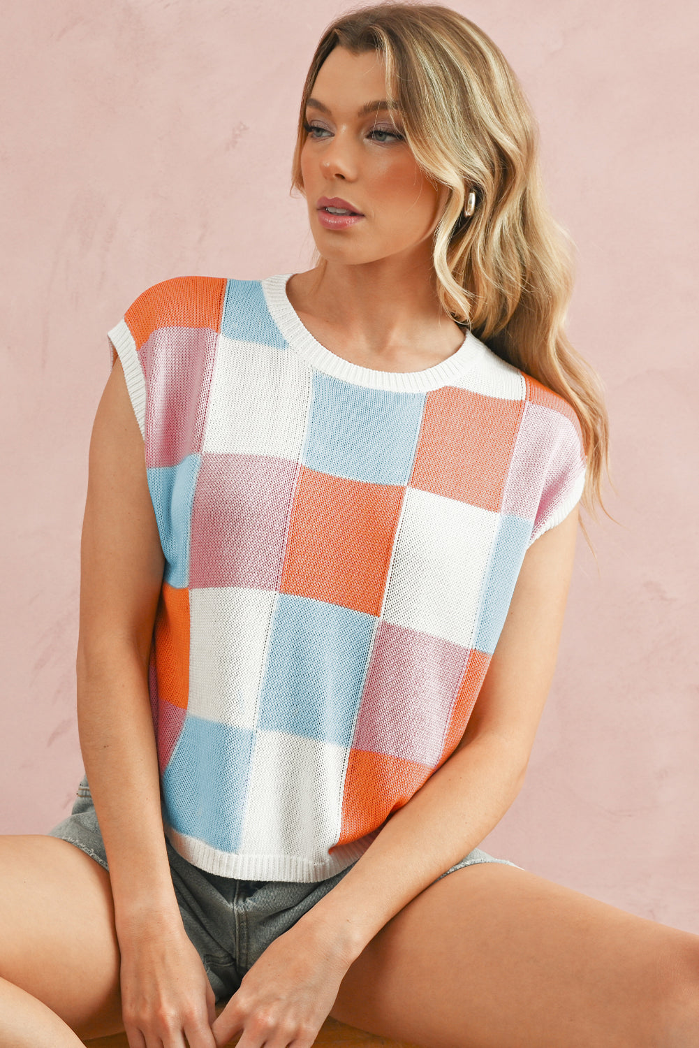 Fiery Red Checkered Color Block Cap Sleeve Knitted Top