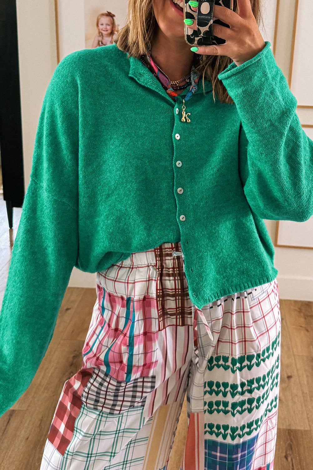 Bright Green Solid Color Button Drop Shoulder Knit Cardigan