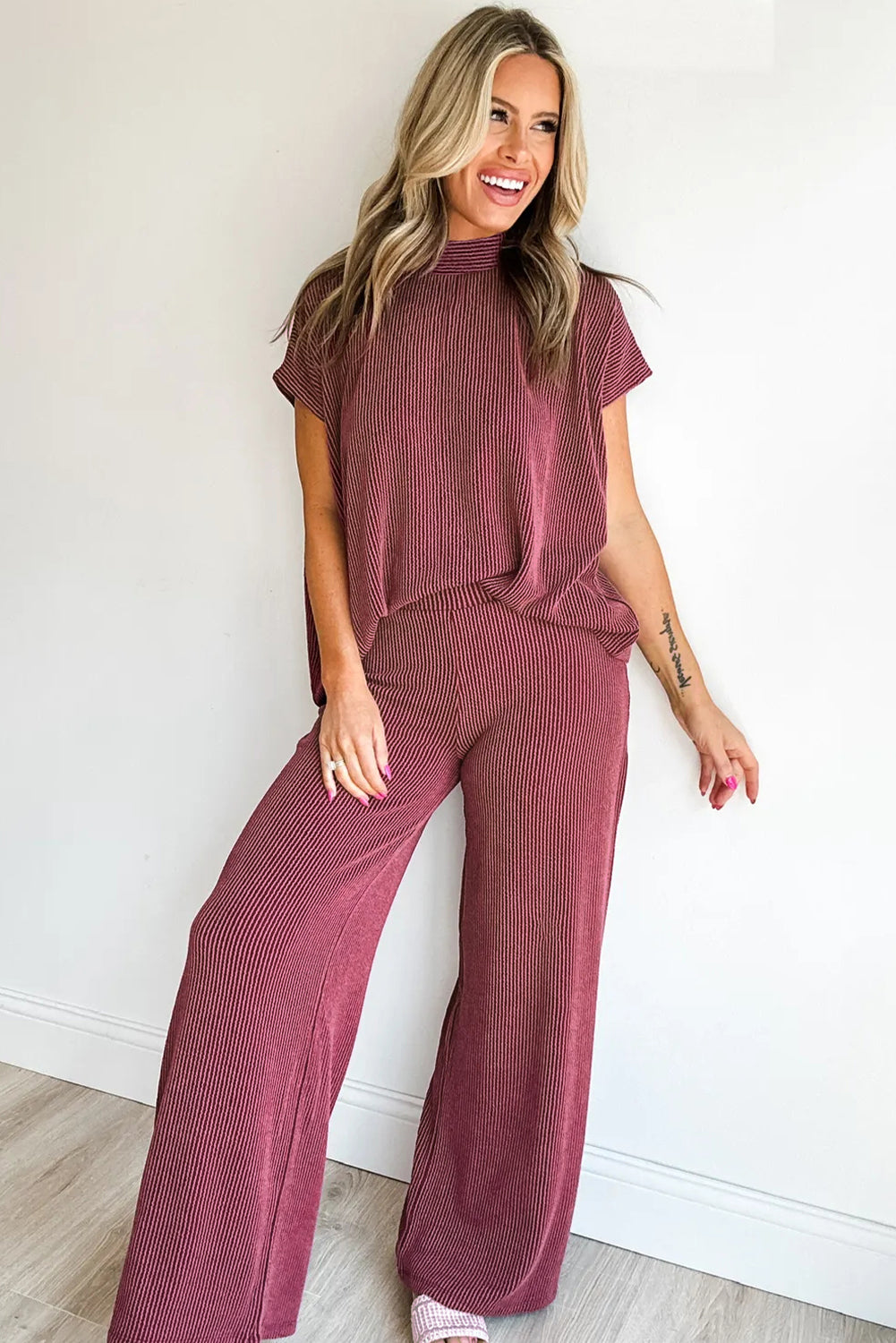 Burgundy Twisted Ribbed High Neck Loose Tee Elastic High Waist Loose Pant Set
