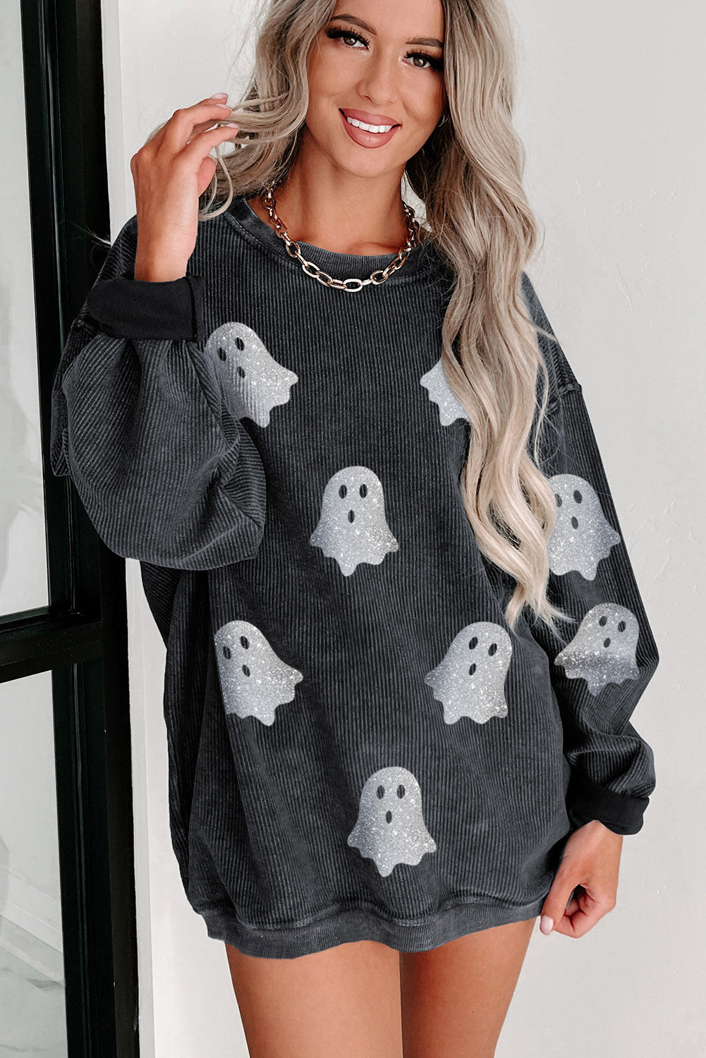 Pink Halloween Ghost Corded Crew Neck Loose Sweatshirt