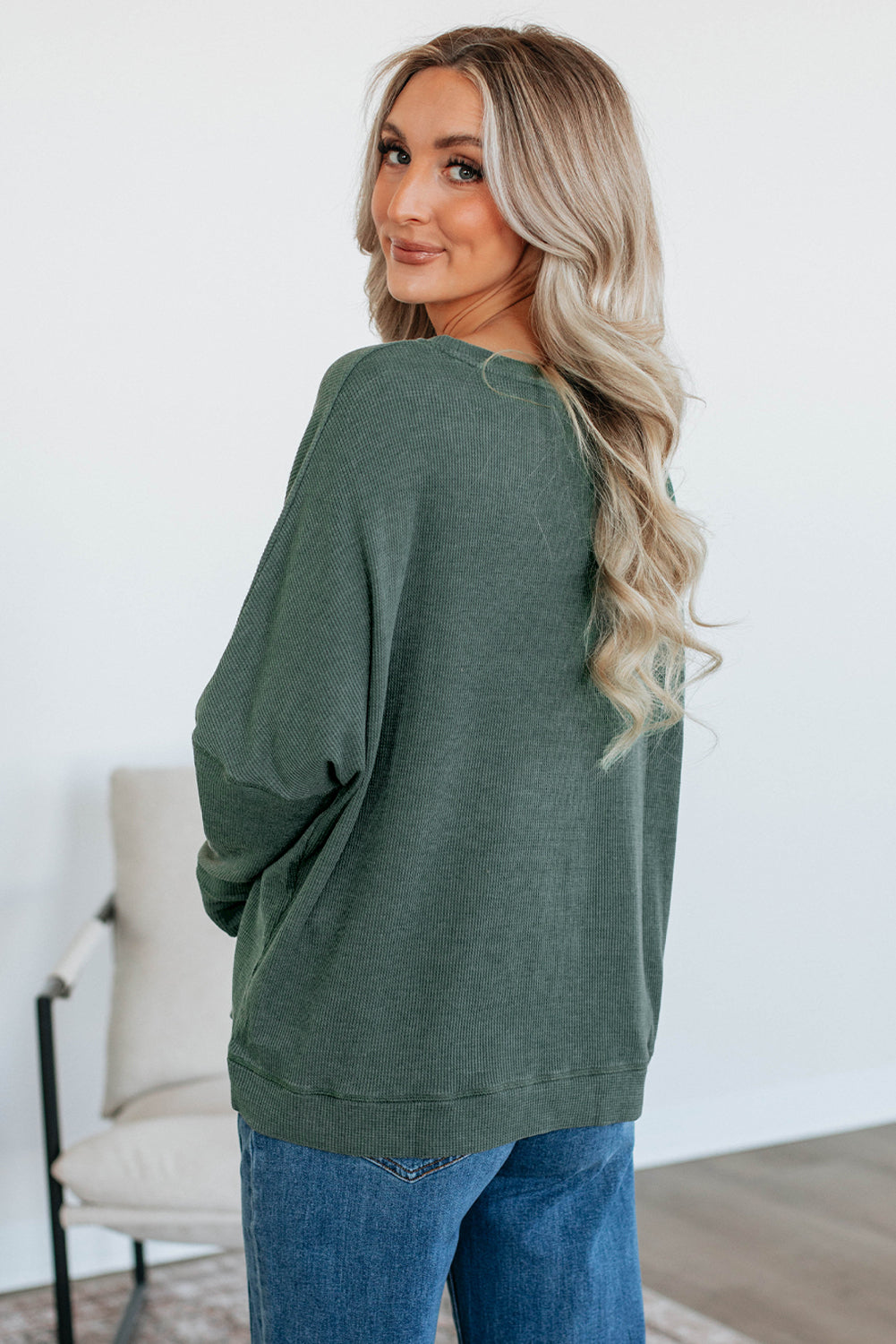 Mist Green Ribbed Plain Long Sleeve Loose Top
