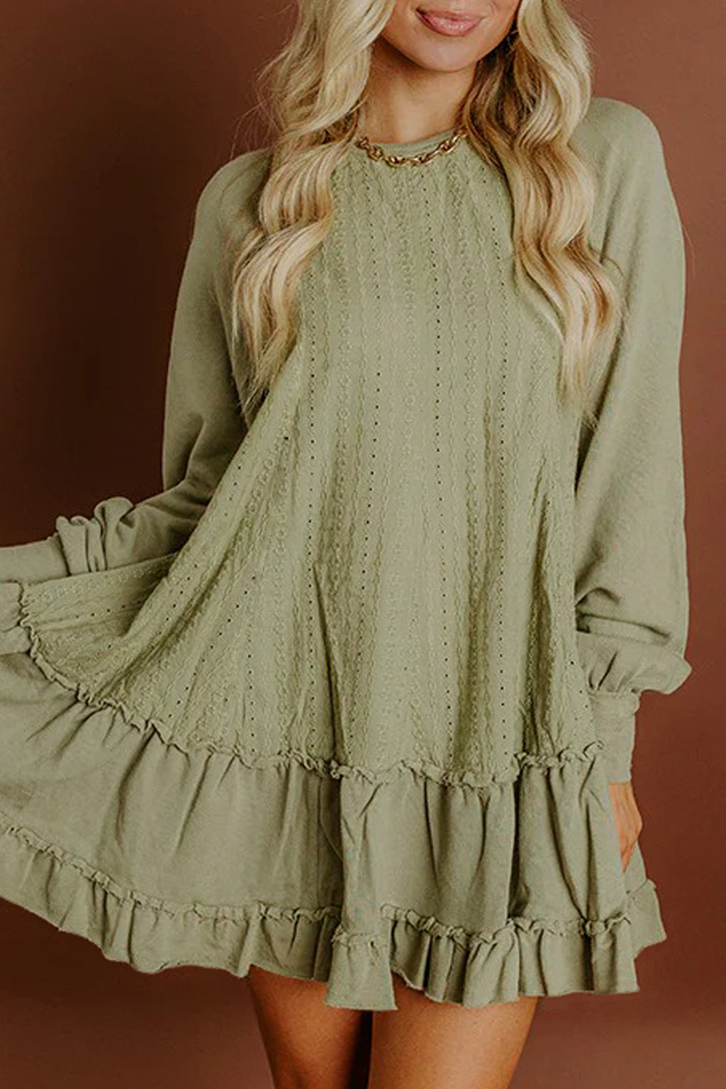 Laurel Green Jacquard Frilled Ruffled Long Sleeve Mini Dress