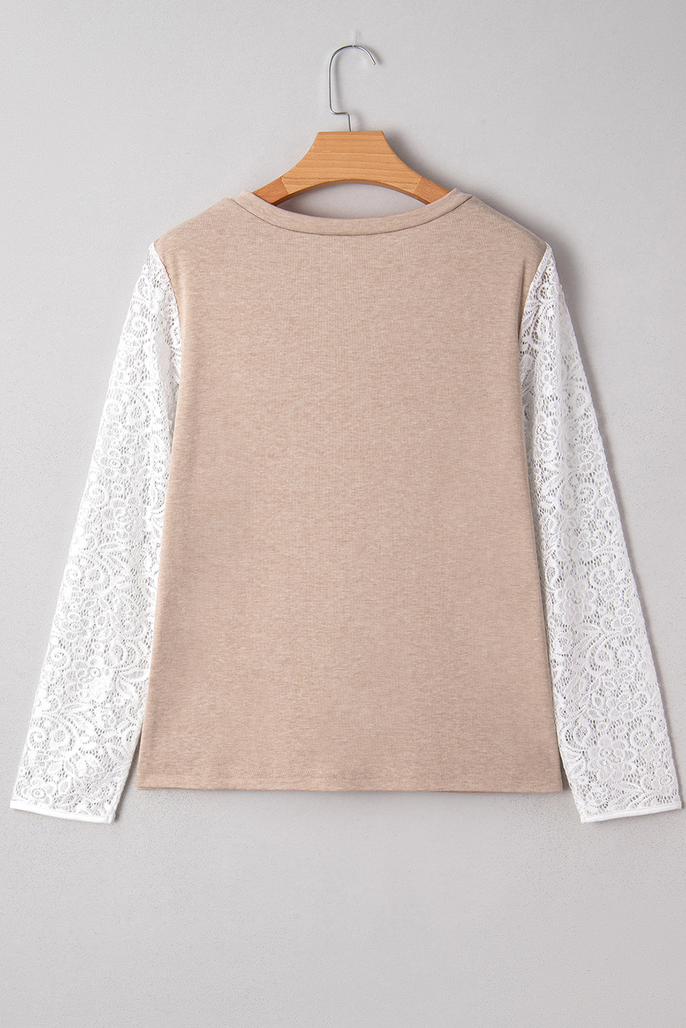 Oatmeal Lace Patchwork Sleeve V Neck Top