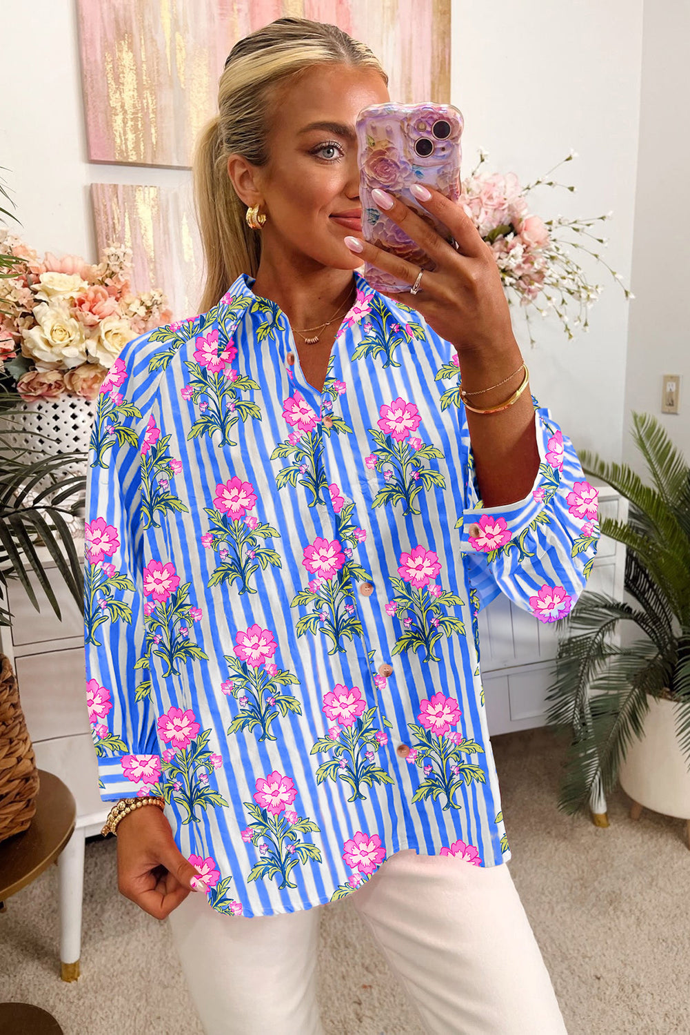 Blue Striped Floral Print Loose Fit Shirt