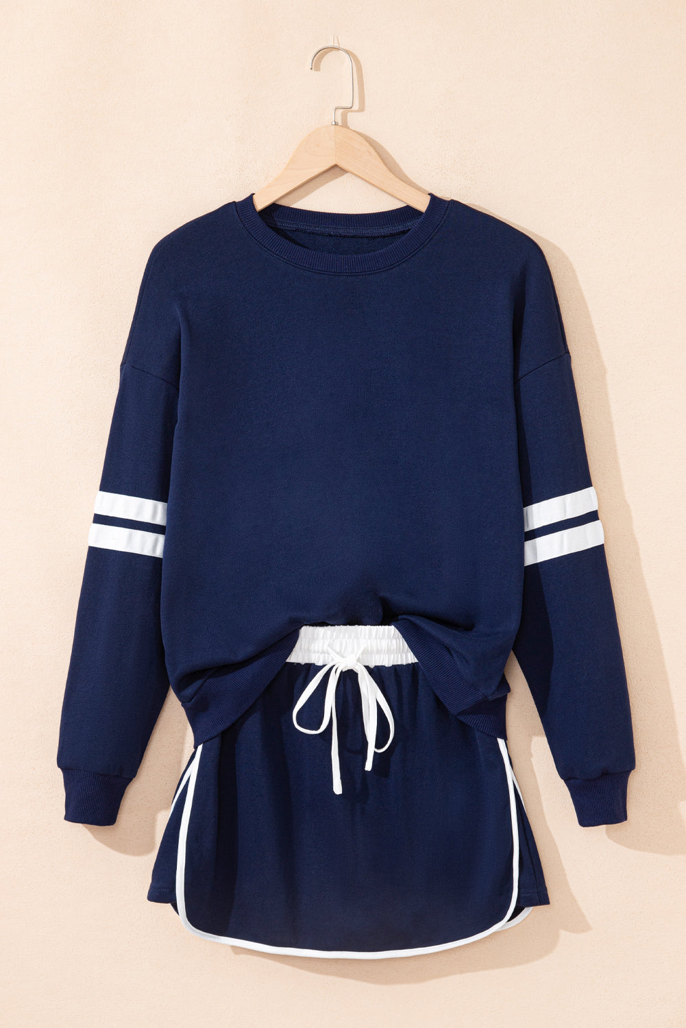 Navy Blue Varsity Stripe Detail Drop Shoulder Pullover Mini Skort Set