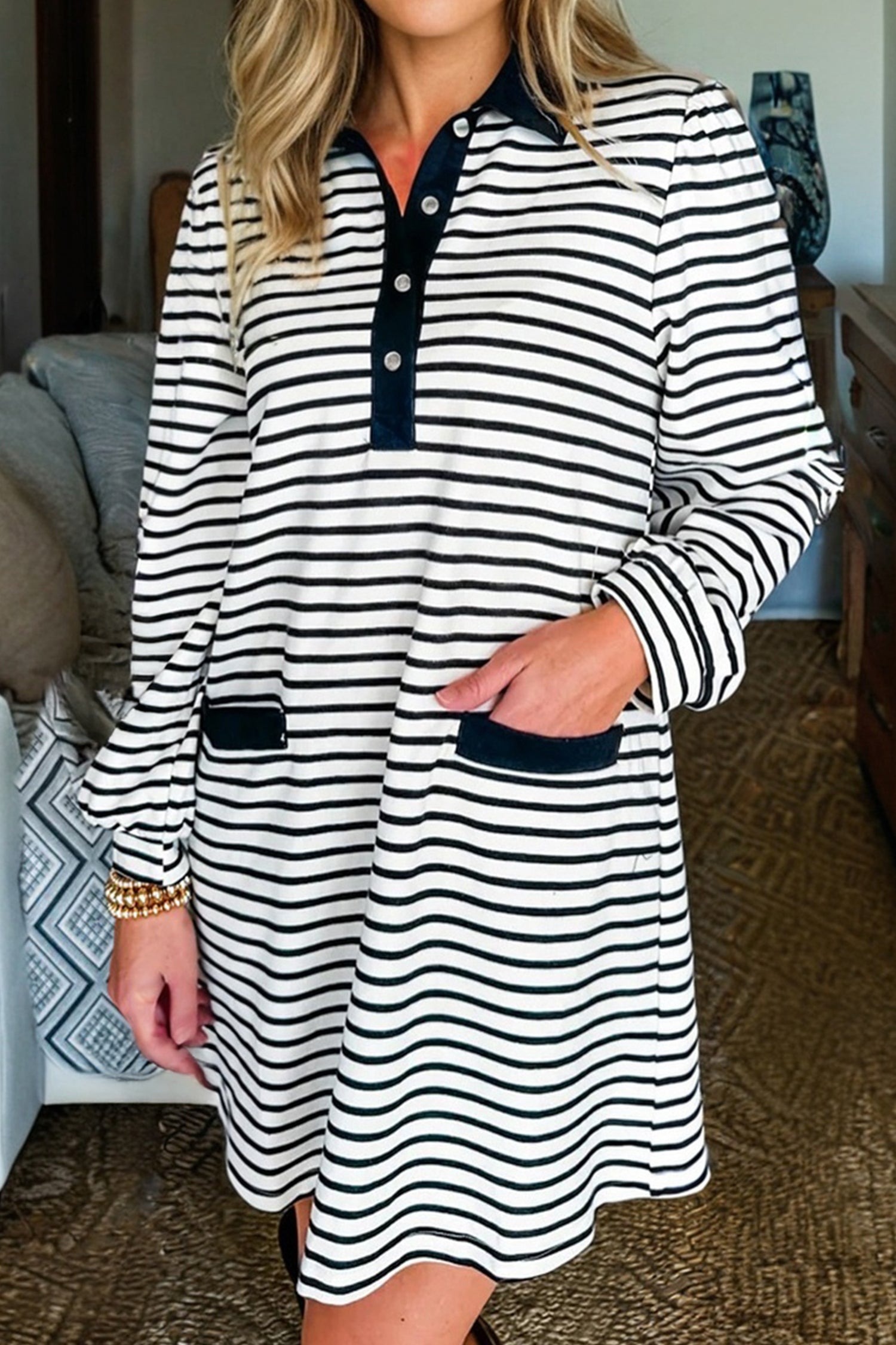 White Stripe Buttoned Front Collared Long Sleeve T Shirt Dress with Pockets