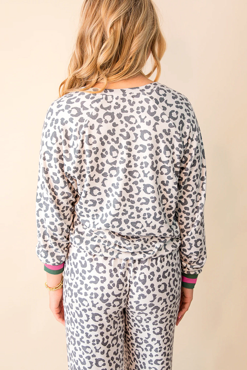 Gray Leopard Contrast Trim Long Sleeve Pullover and Pants Set