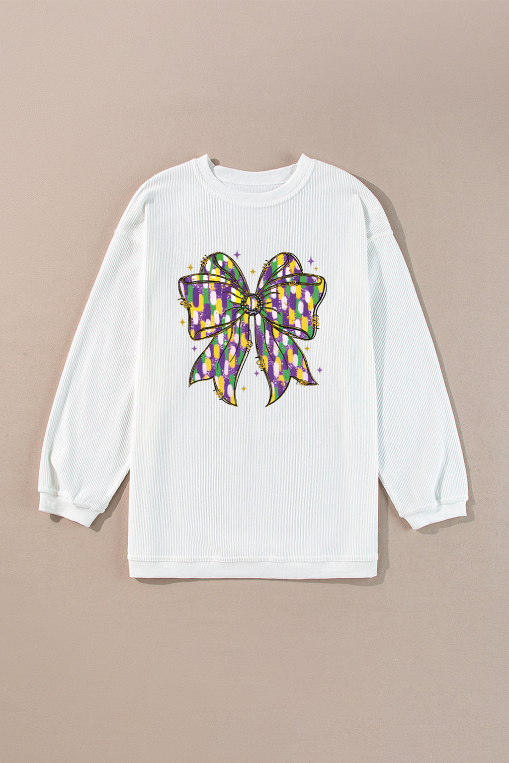 White Mardi Cheerful Bow Printed Corded Ribbed Sweatshirt