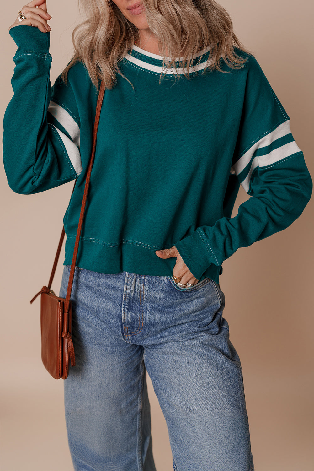 Blackish Green Contrast Striped Patchwork Drop Shoulder Sweatshirt