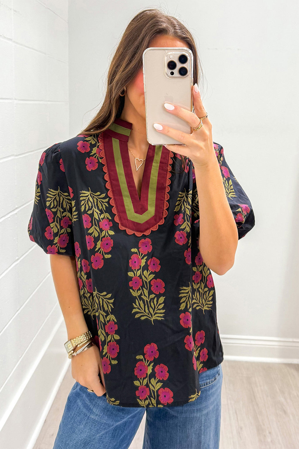 Black Floral Short Bubble Sleeve Contrast Slit Neckline Blouse