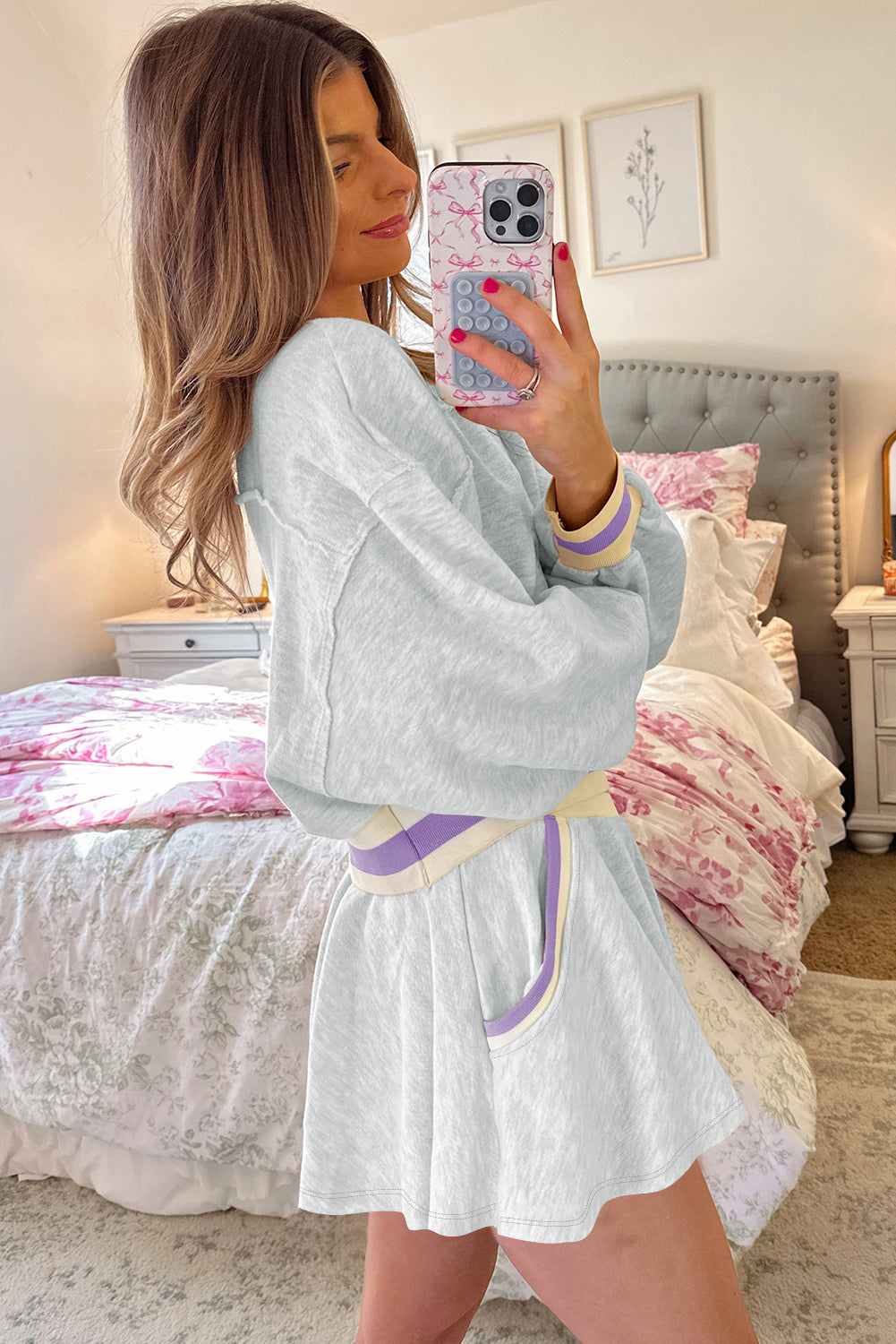 Light Grey Contrast Trim Striped Loose Sweatshirt and Skort Set