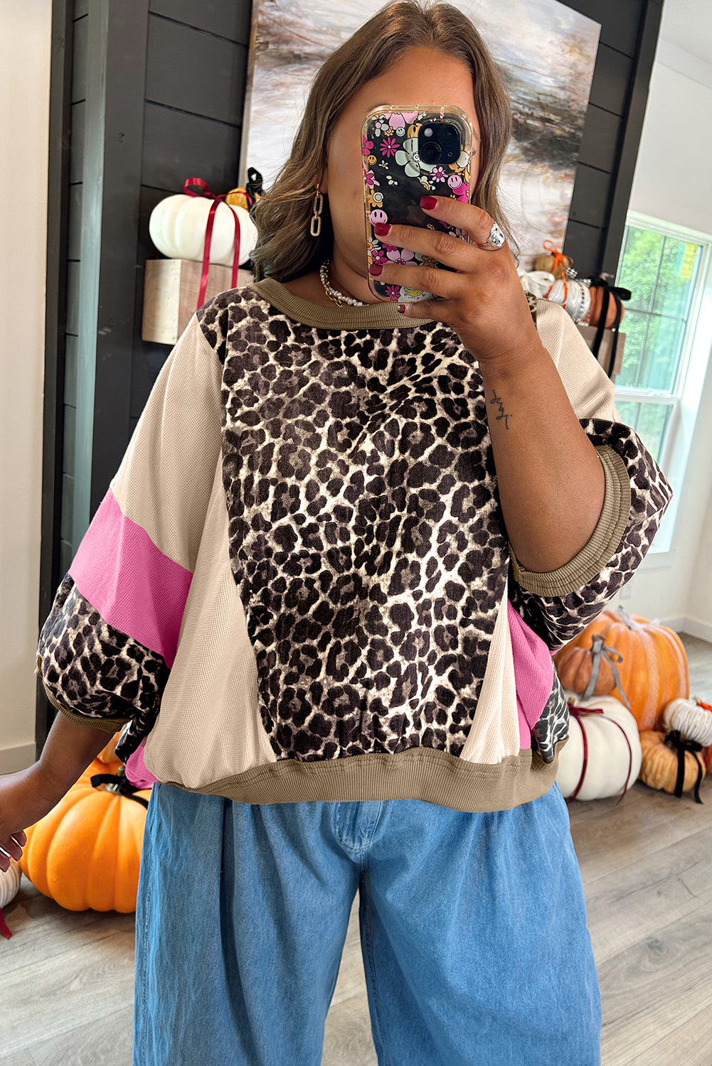 Brown Leopard Print Color Block Patchwork 3/4 Sleeve Loose Top