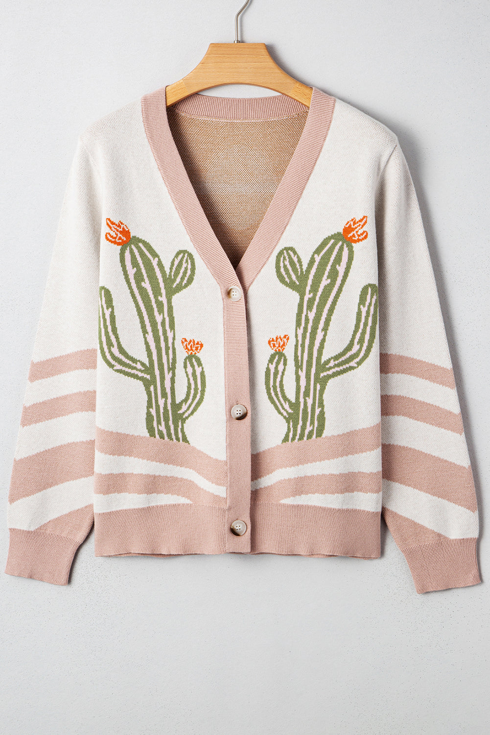 Apricot Cactus Pattern Button Front Knit Cardigan