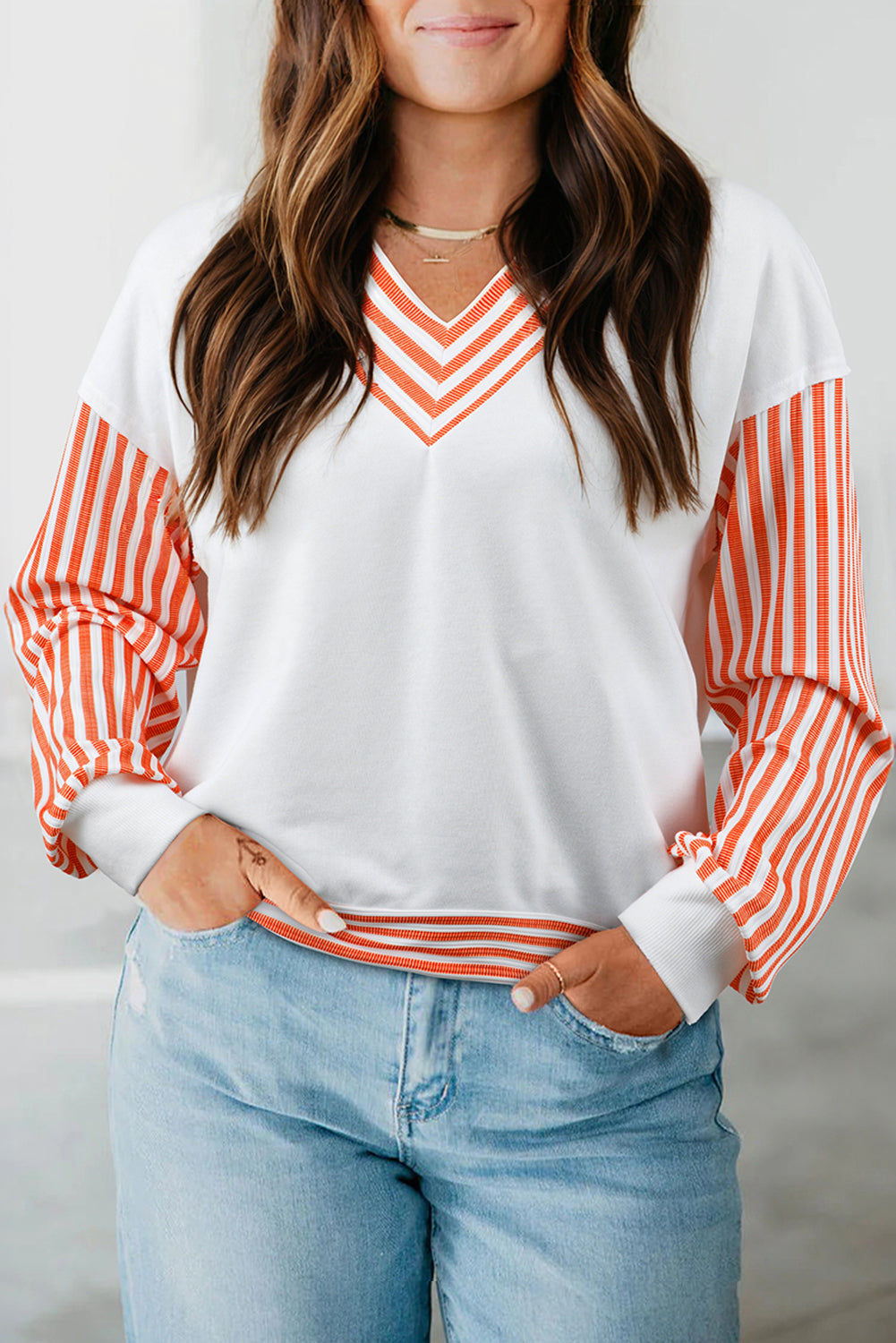 Orange Striped Patchwork Drop Sleeve Pullover Top
