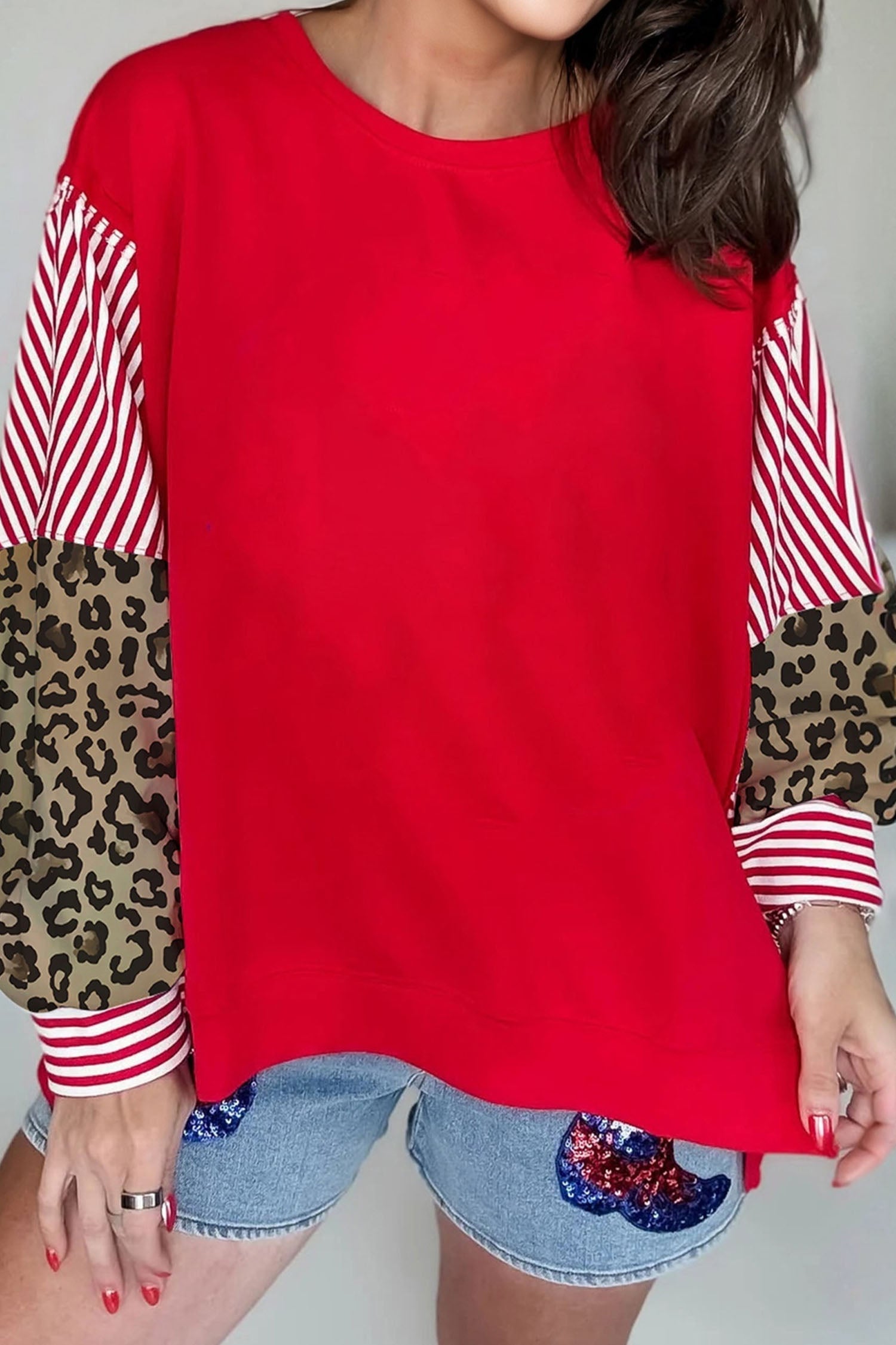 Racing Red Striped Patchwork Sleeve Colorblock Sweatshirt