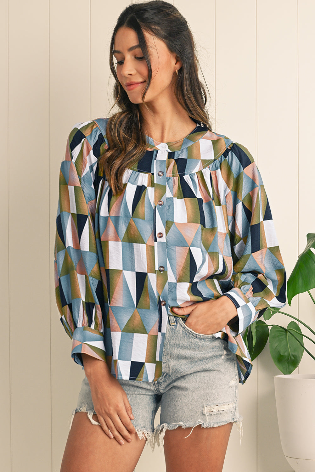 Green Geometric Print Button Balloon Sleeve Loose Fit Shirt