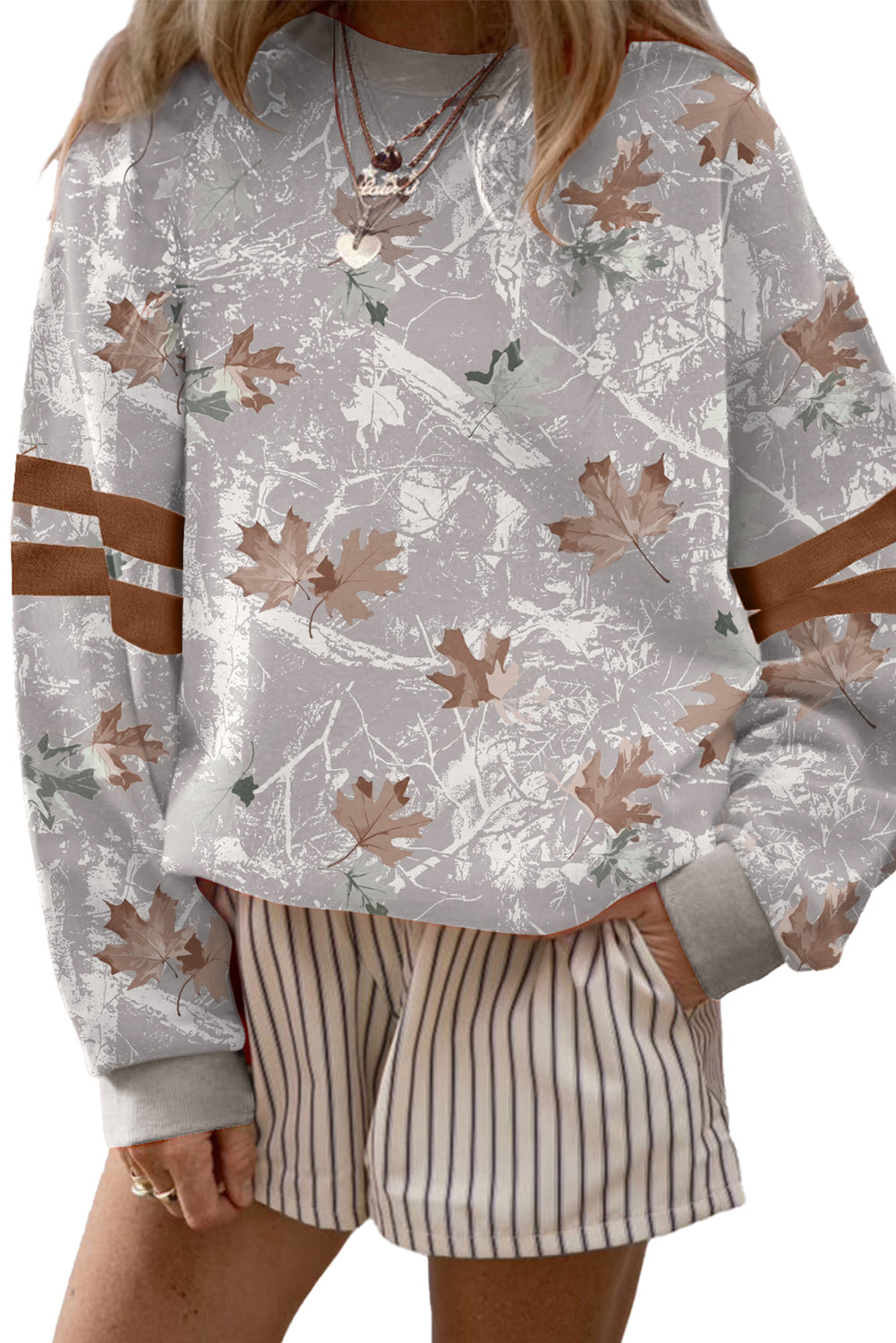 Gray Maple Leaf Camo Print Varsity Striped Sleeve Casual Sweatshirt