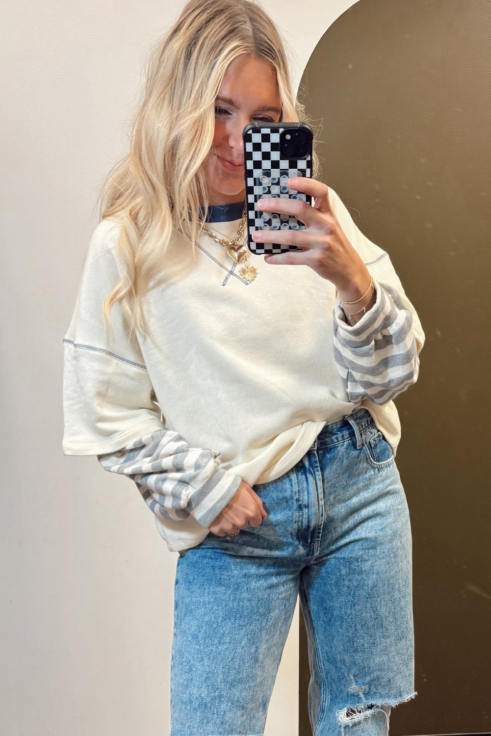 Beige Striped Patchwork Two-in-one Long Sleeve Top