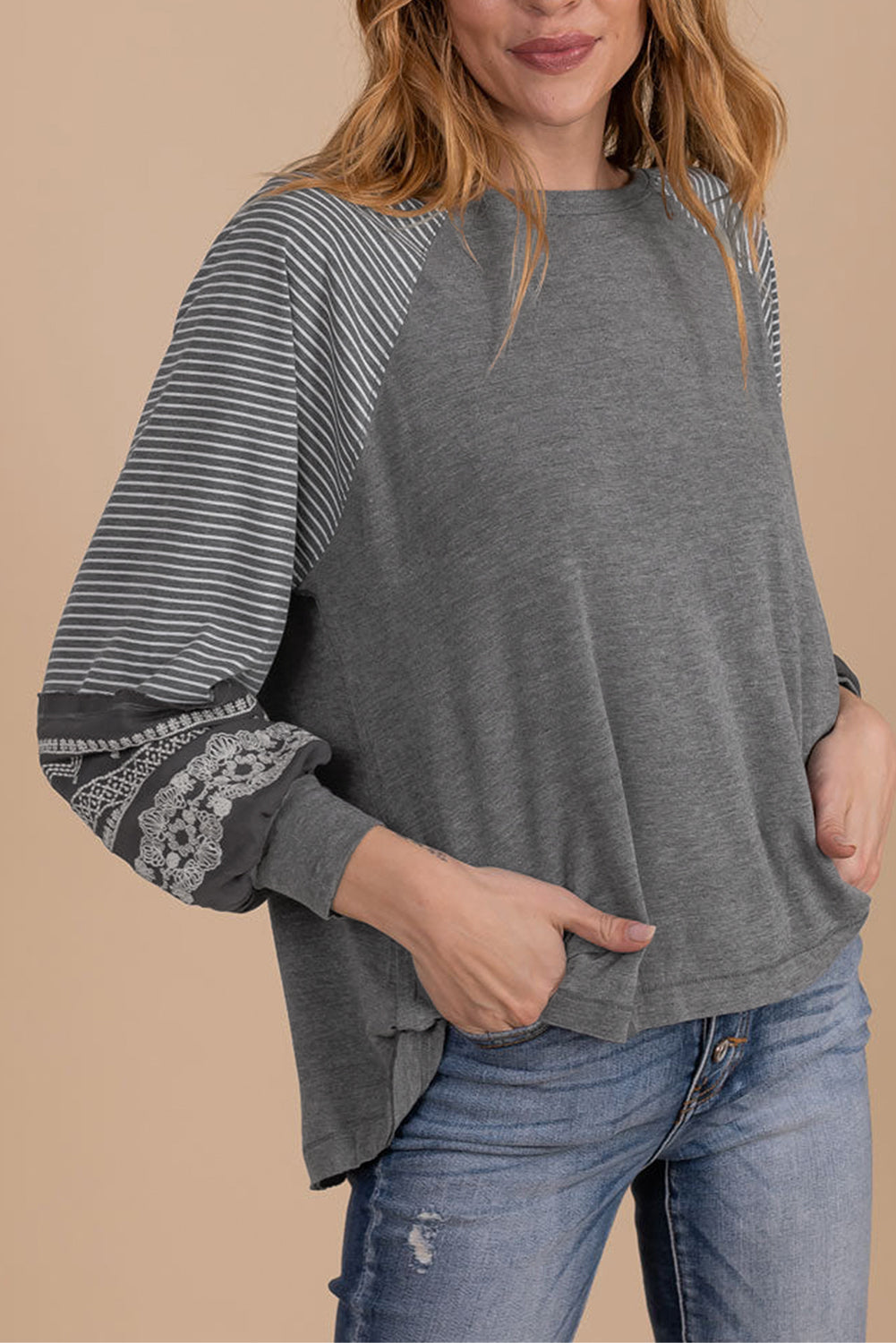Medium Grey Contrast Print Striped Raglan Long Sleeve Loose Top