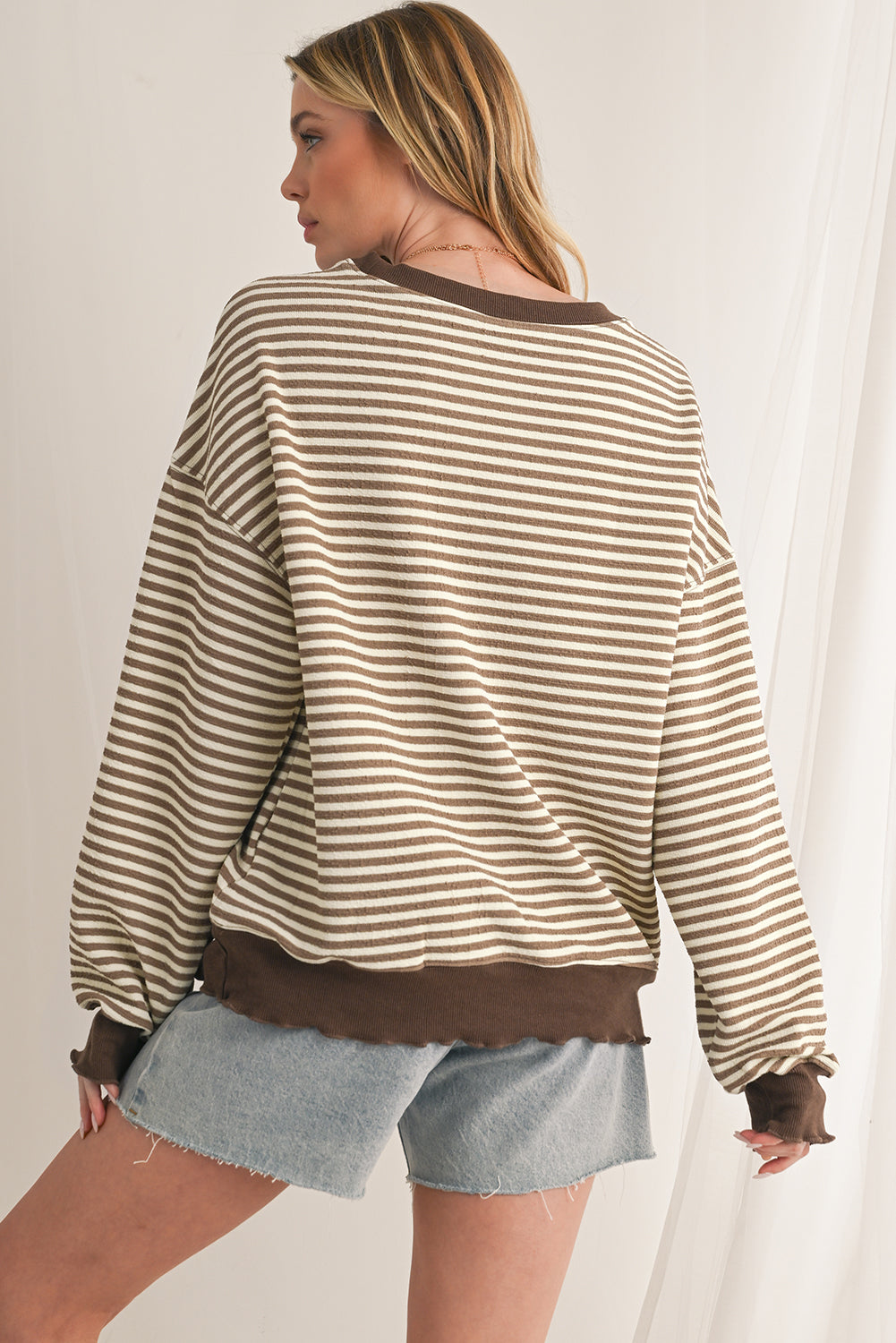 Brown Stripe Drop Shoulder Long Sleeve Top