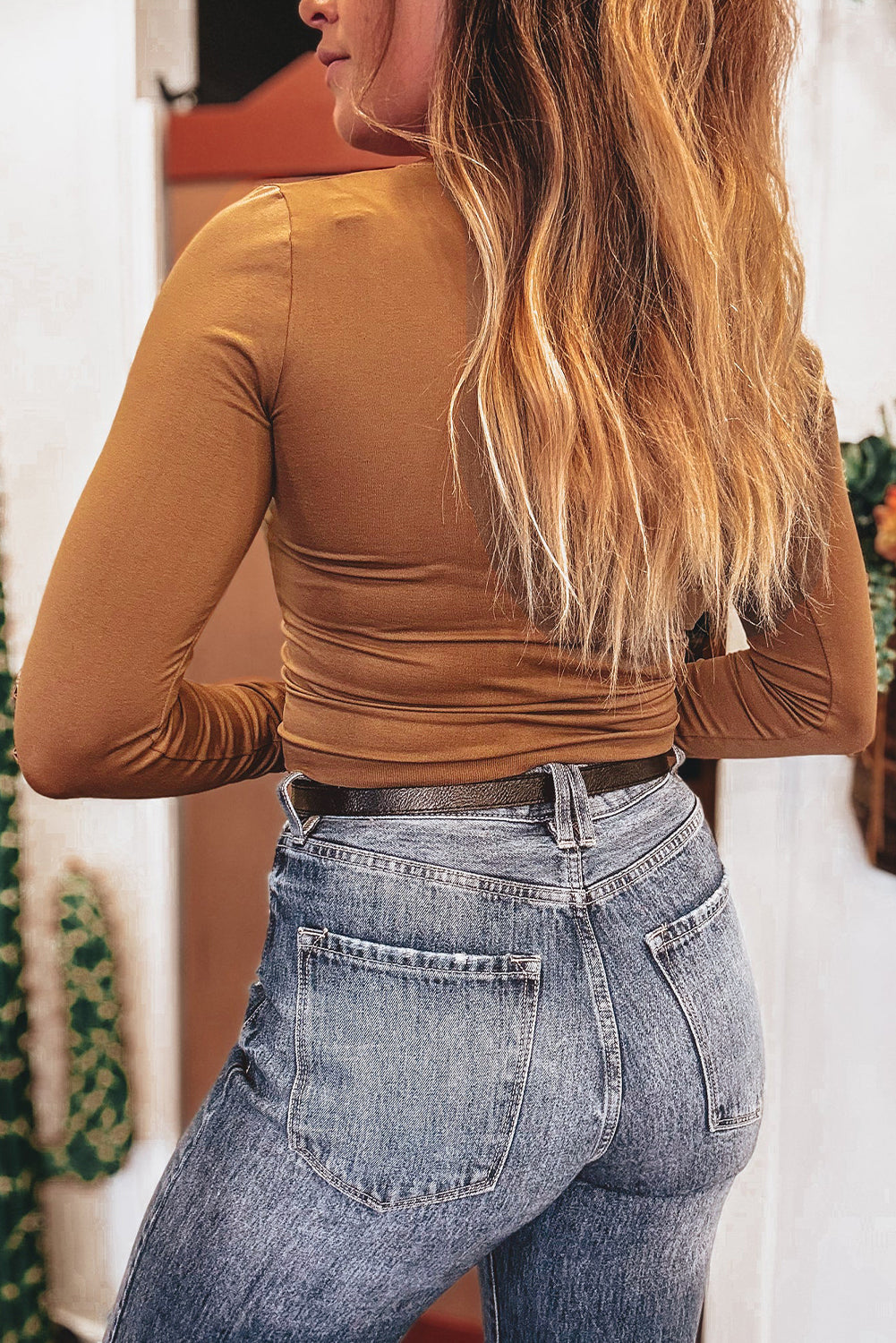 Black Solid Color Long Sleeve Slim Fit Top