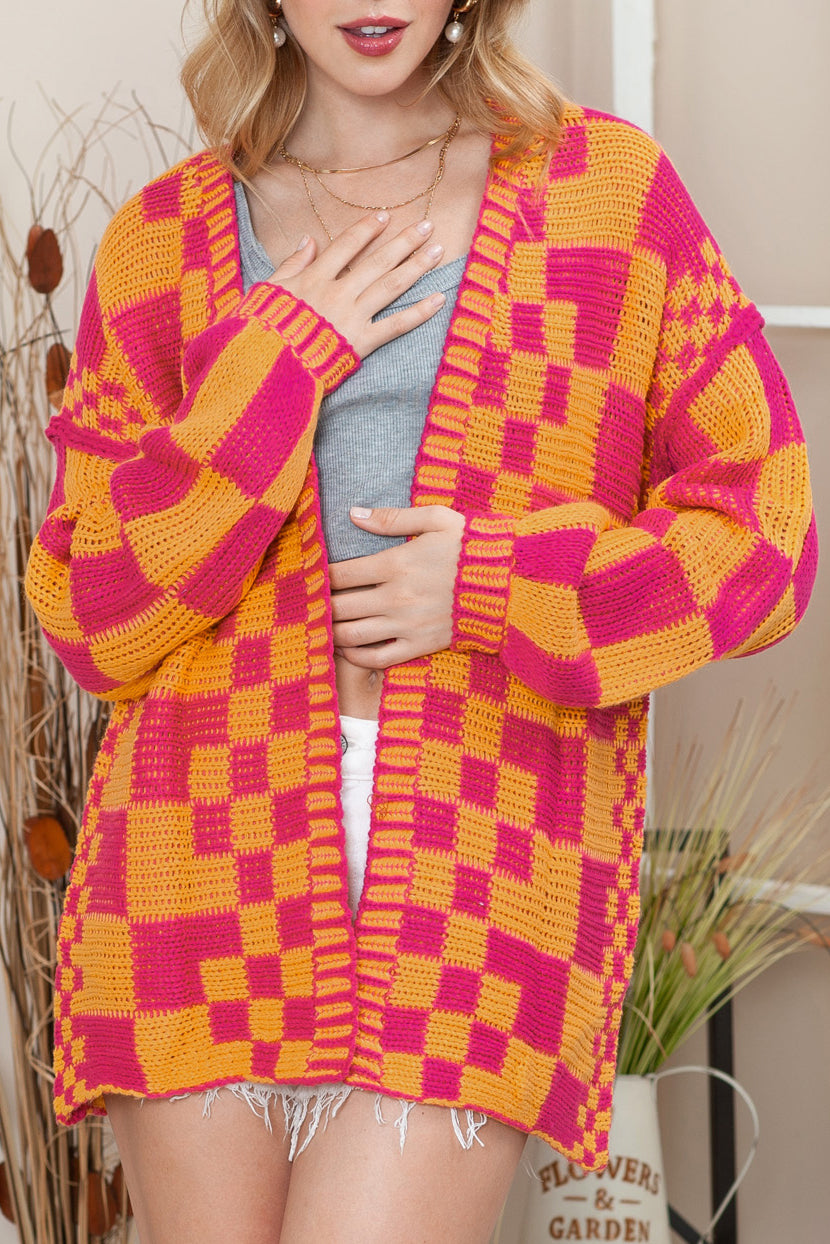 Multicolor Plaid Open Front Knitted Cardigan