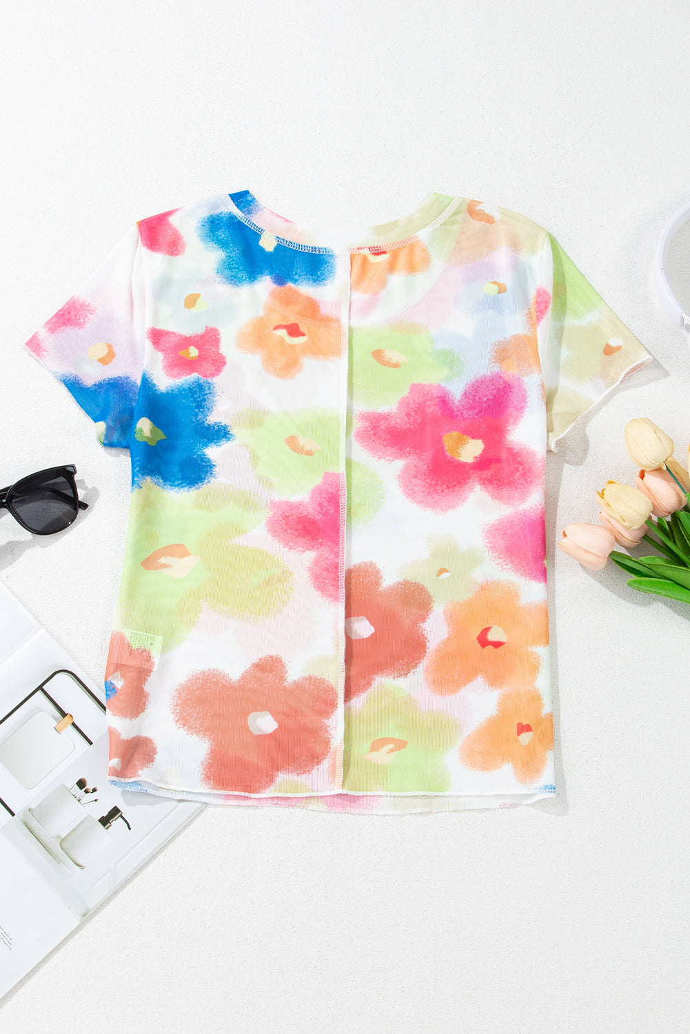 Haut court en maille à bordure fleurie multicolore