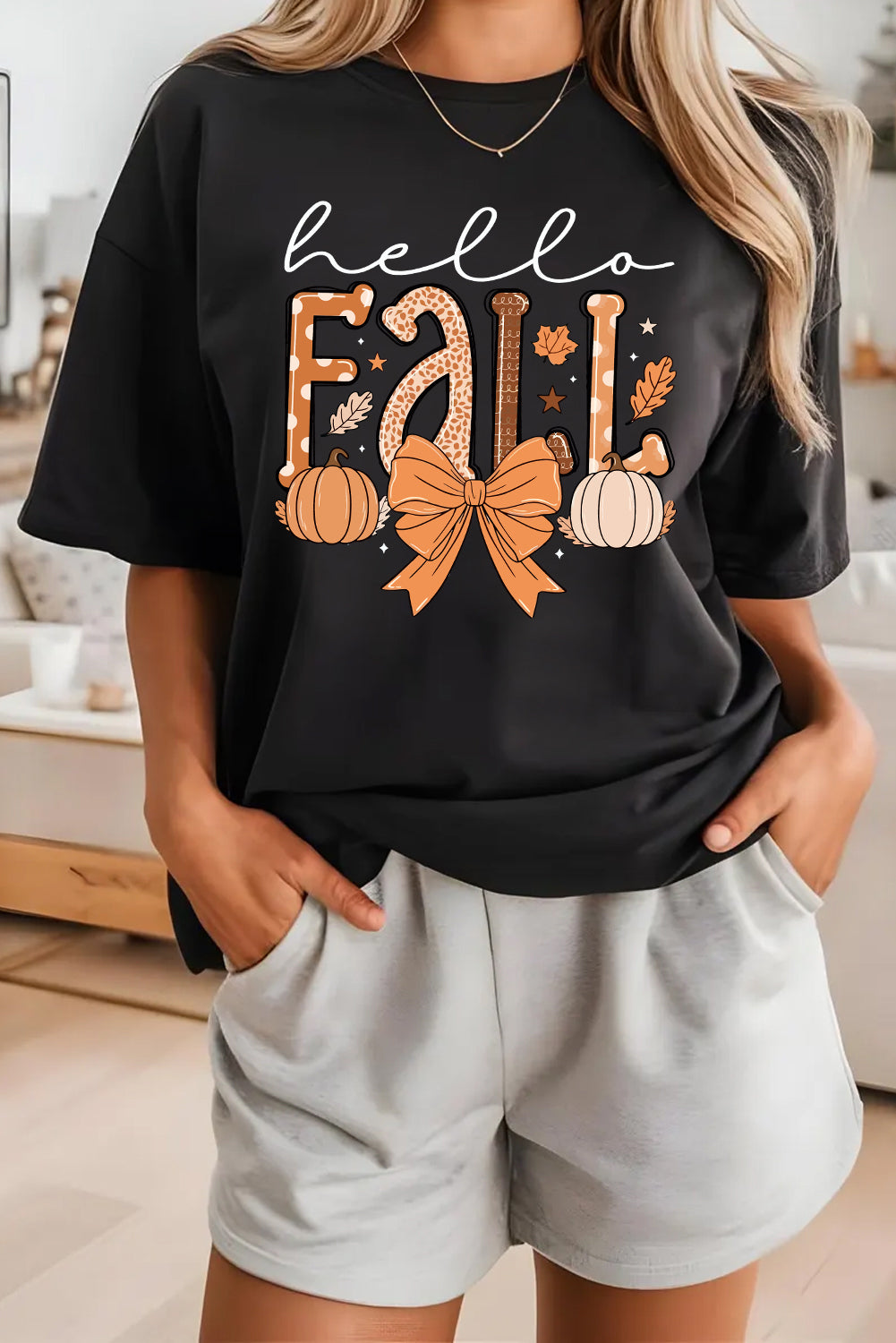Black Hello Fall Thanksgiving Bow Pumpkin Graphic Tee
