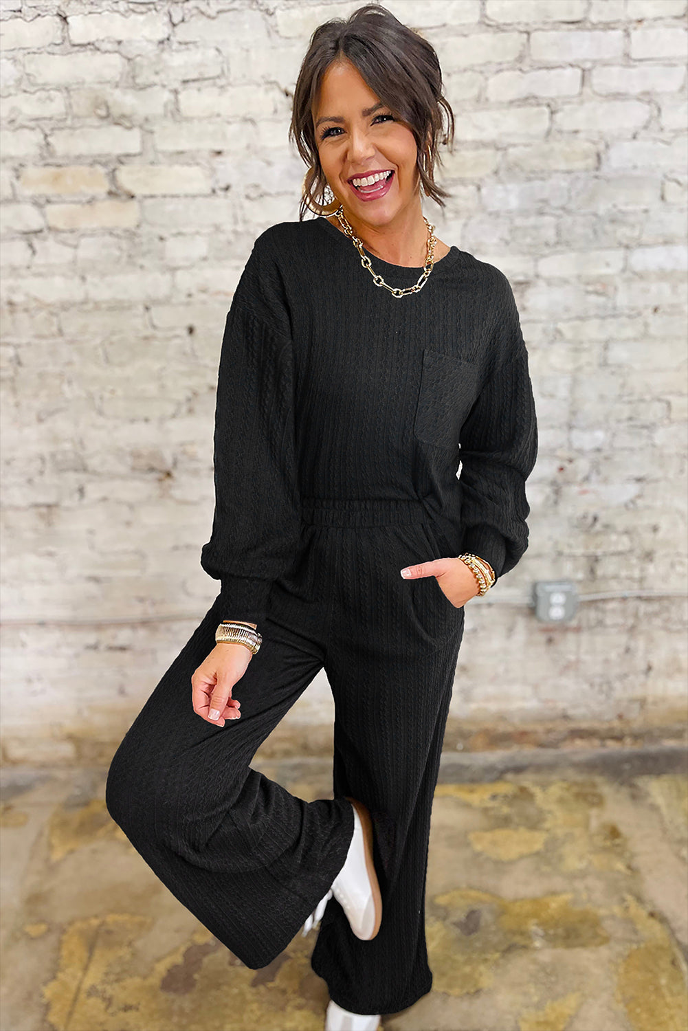 Black Textured Chest Pocket Drop Sleeve Top and Pants Set