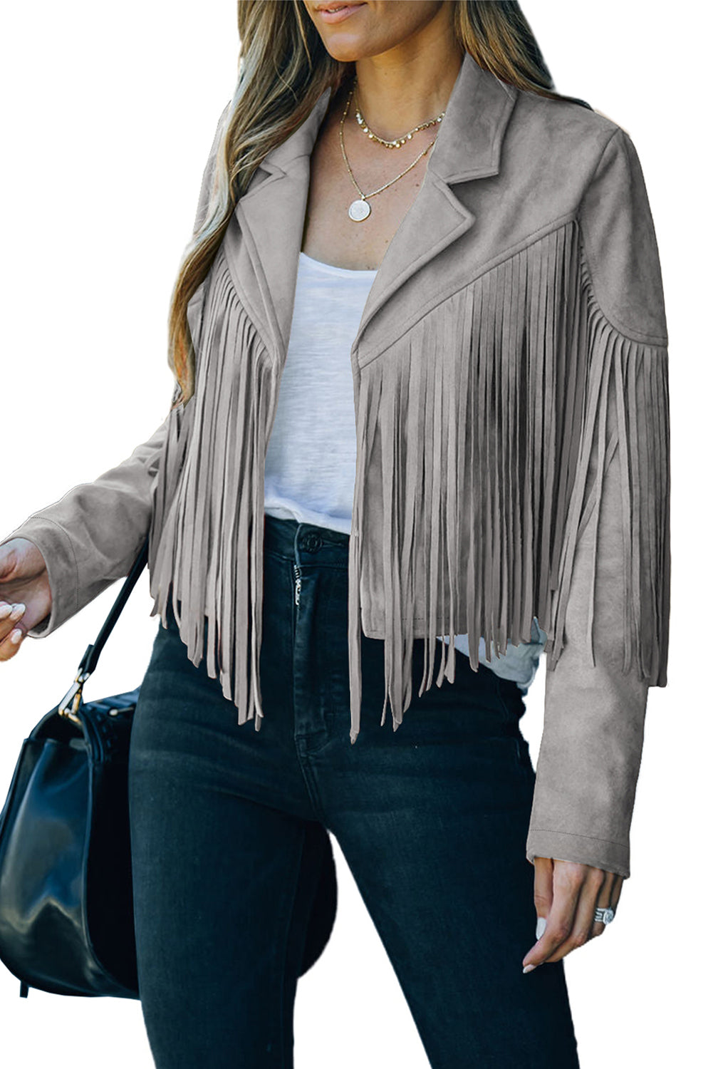 Green Cropped Fringe Faux Suede Jacket