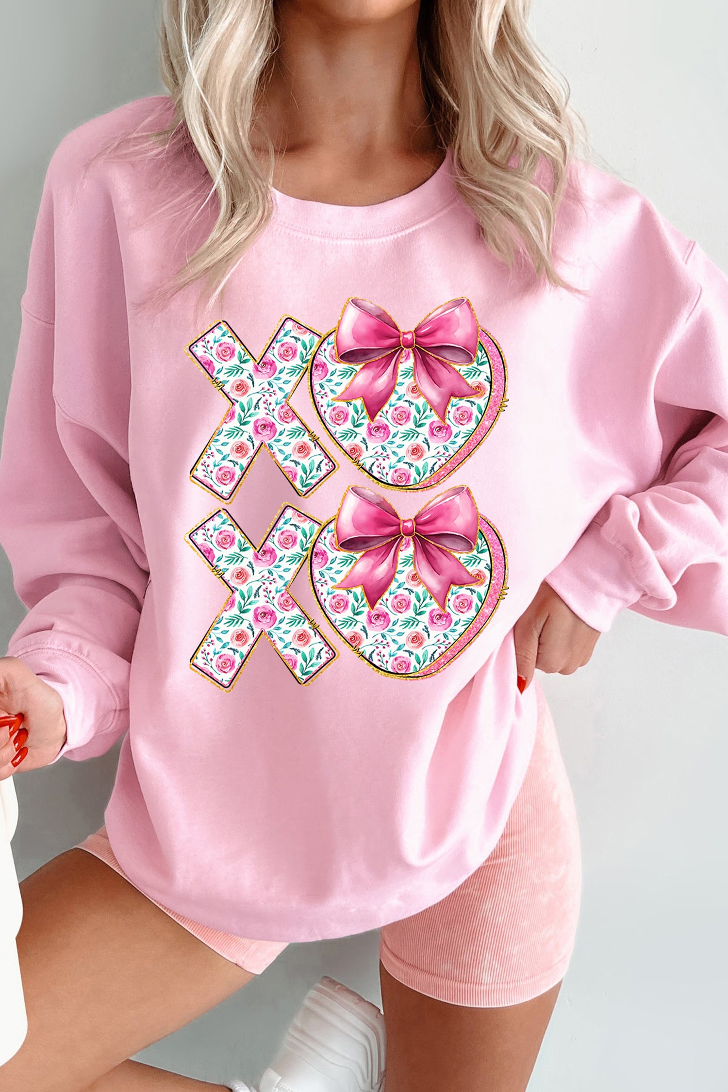 Pink Sweet Bow Floral Printed Valentines Day XOXO Sweatshirt