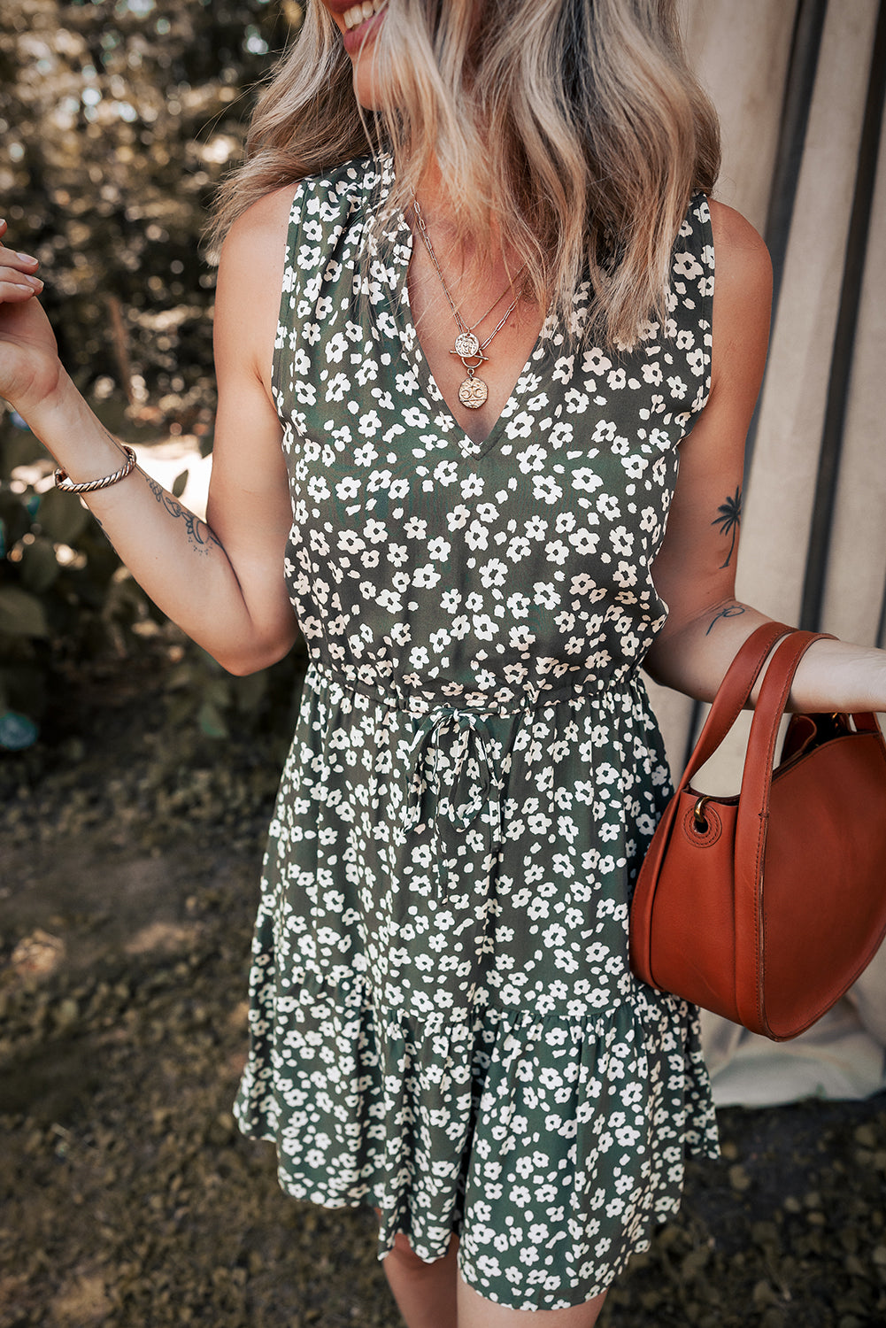 Green Boho Floral Print V Neck Knot Waist Sleeveless Dress
