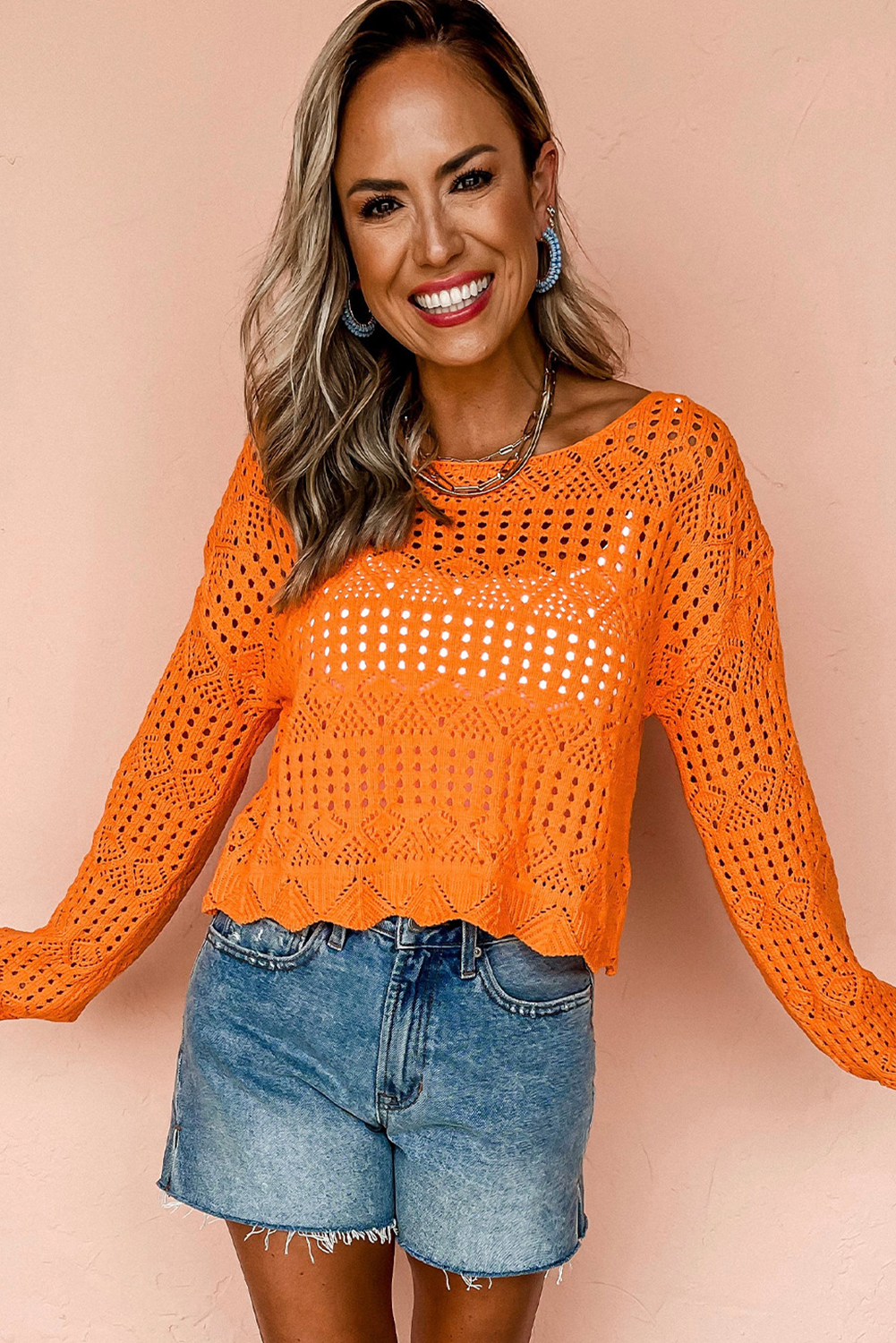 Carrot Solid Color Crochet Scallop Edge Sweater