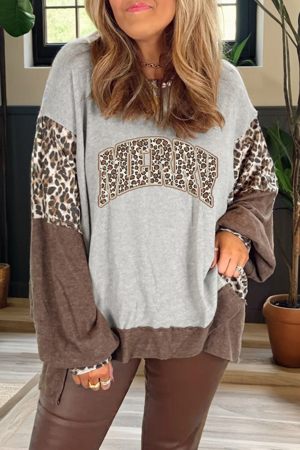 Gray Color Block Leopard Contrast Letter Graphic Christmas Sweatshirt