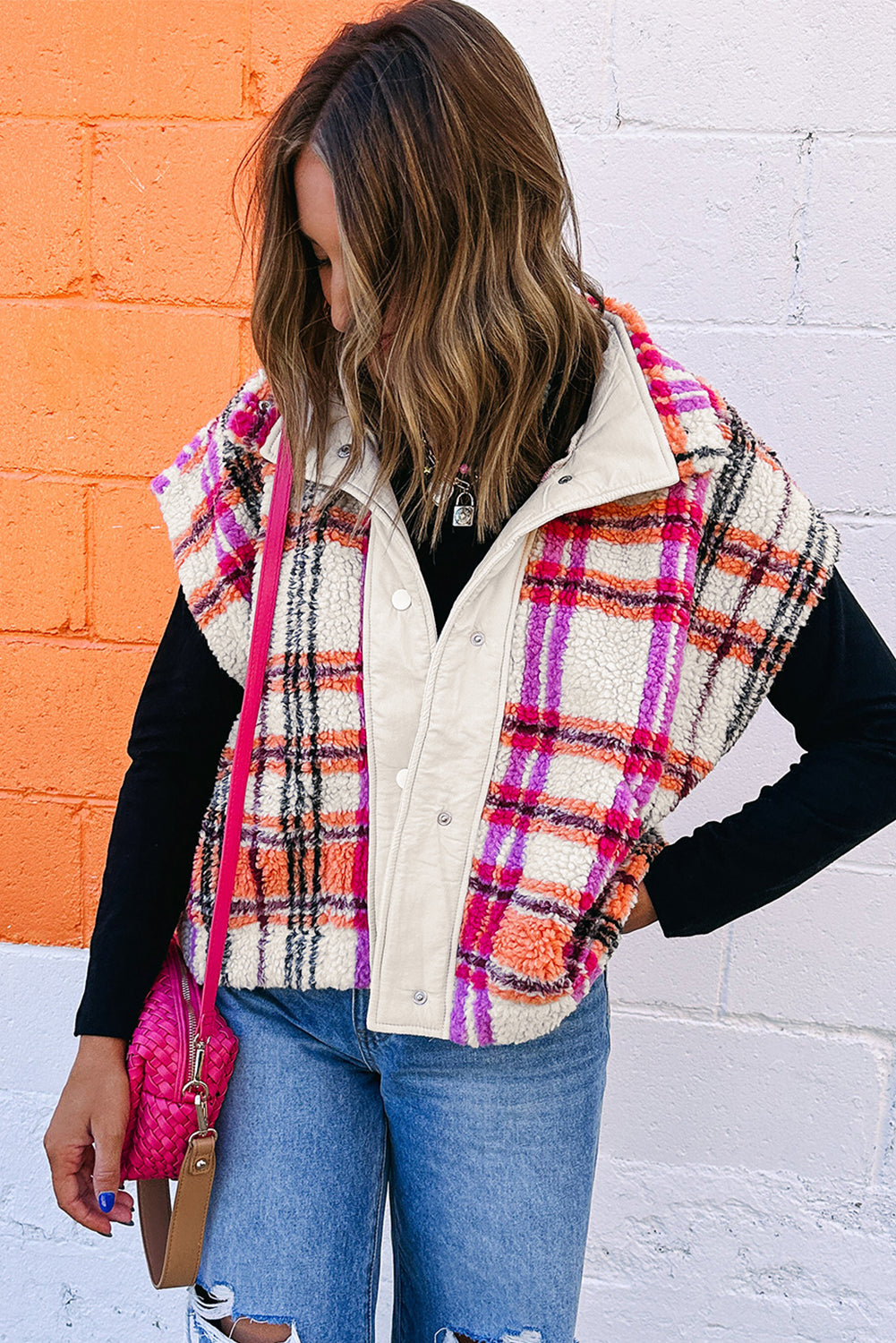 Rose Sherpa Plaid Collared Jacket Vest