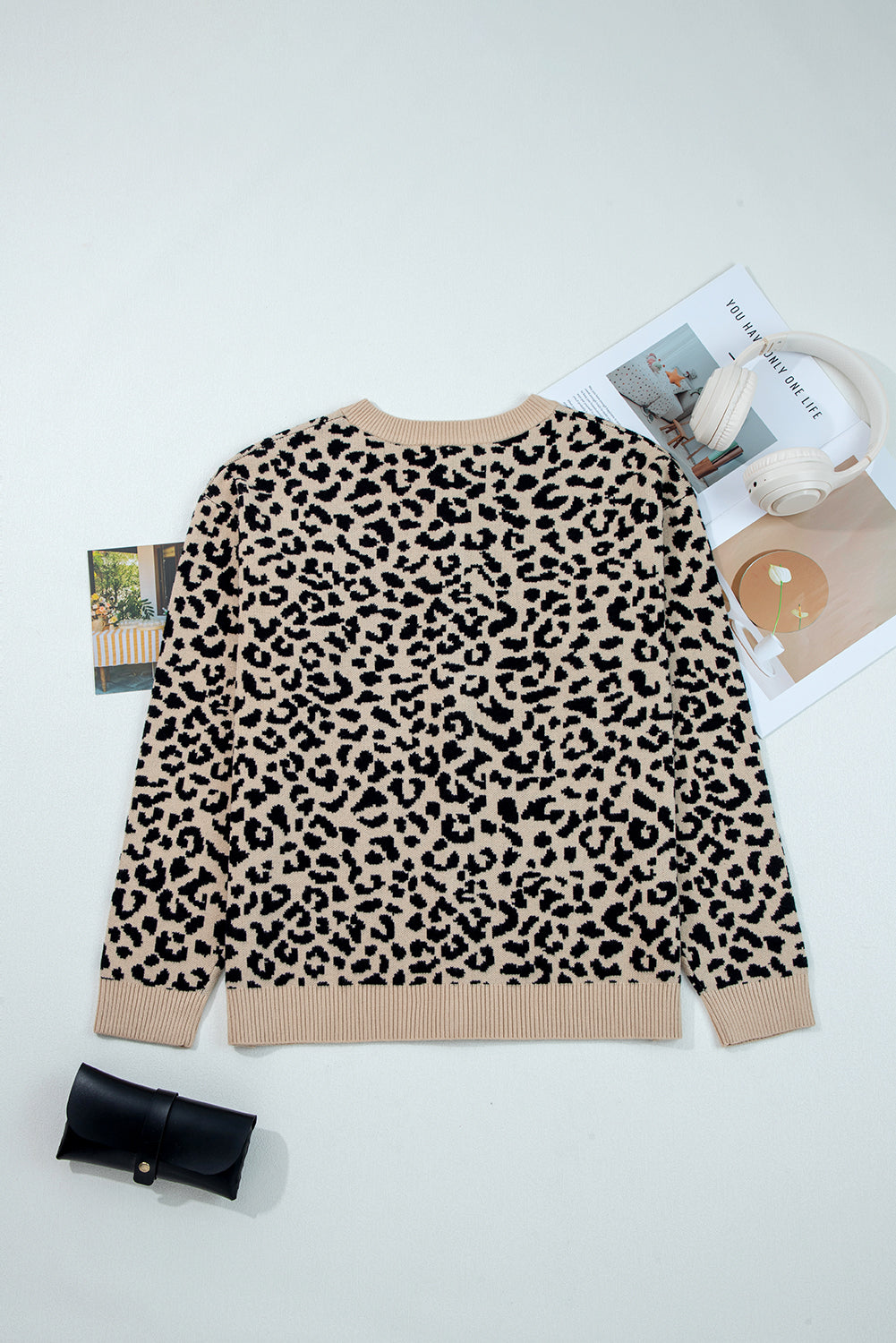 Khaki Leopard Drop Shoulder Knitted Cardigan