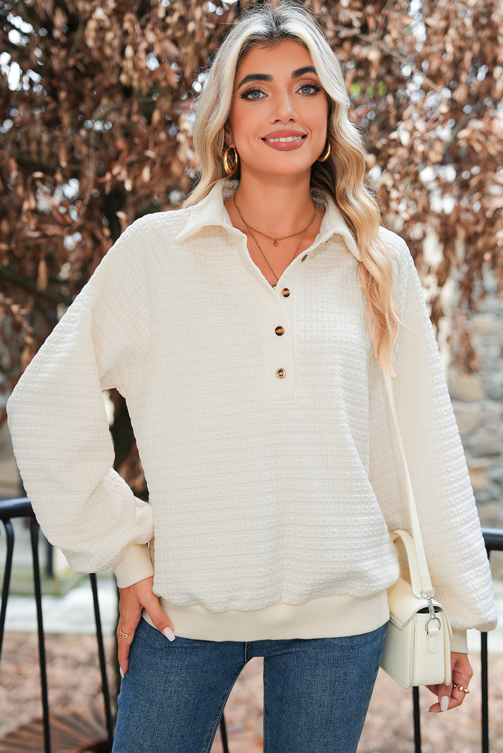 Beige Balloon Sleeve Casual Collared Button Sweatshirt