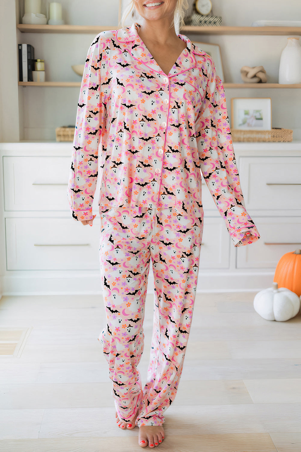 Pink Cute Floral Halloween Ghost Print Long Pajama Set