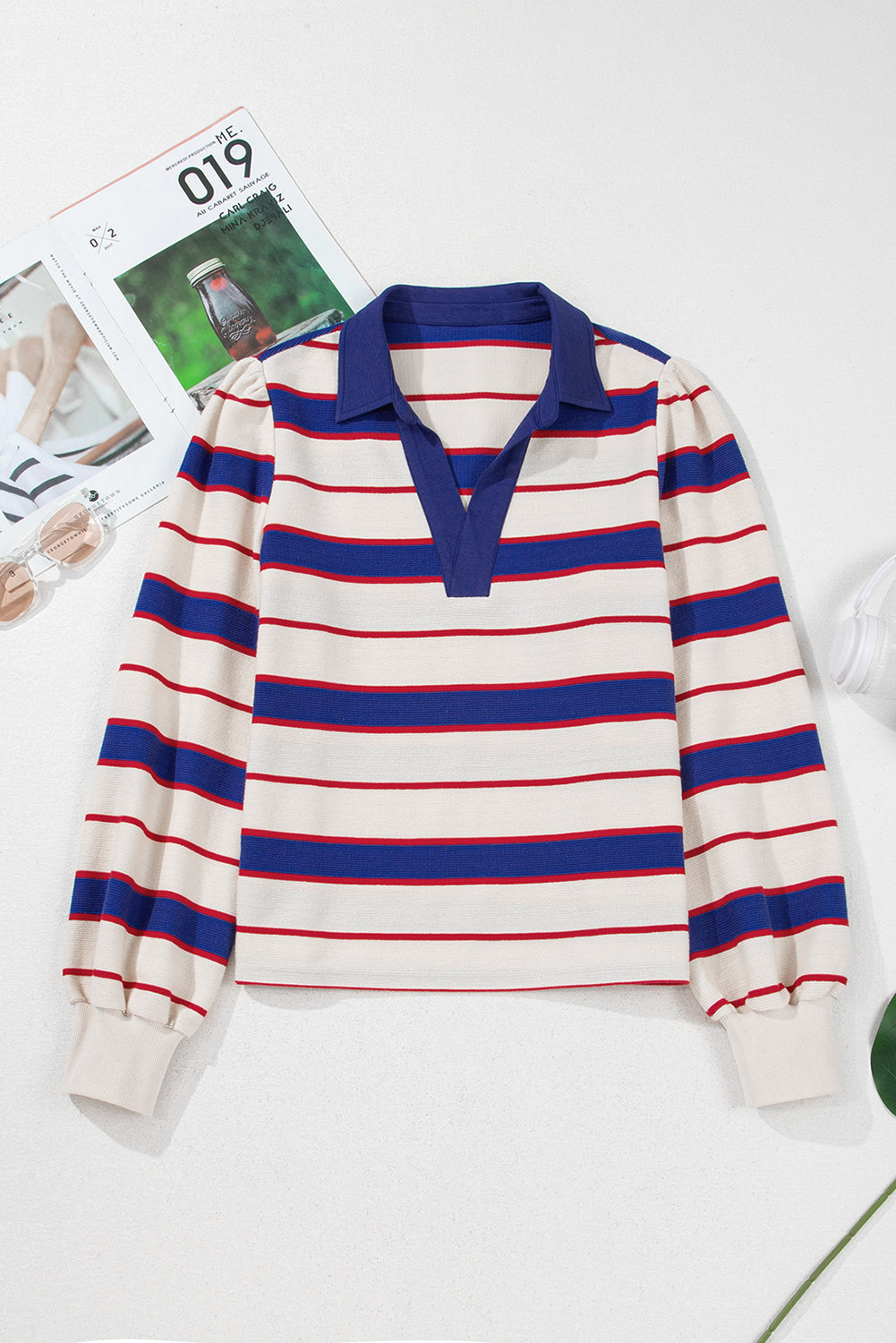 Blue Stripe Colorblock V Neck Collared Sweatshirt